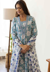 Sanganeri Persian Green Aline Kurta with Pant and Dupatta. (set of 3)