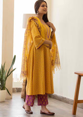 Discharge Gold Yellow Print Aline Kurta with Pant and Dupatta. (set of 3)