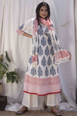 Dobby Blue Hand-Block Print A-line Kurta Set (Set of  3)