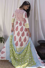 Red Hand-Block Print Anarkali Suit with Dupatta (Set of 3)