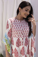 Red Hand-Block Print Anarkali Suit with Dupatta (Set of 3)
