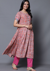 Pink Mughal Jaal Anarkali Kurta with Pant (Set of 2)