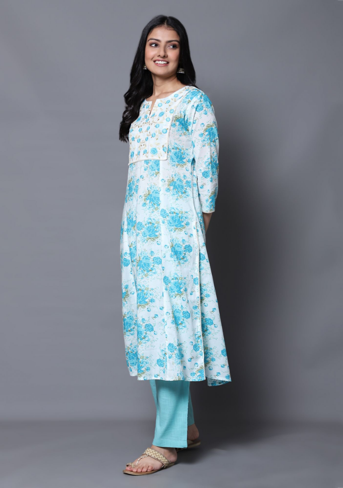 Blue Rose A-line Kurta with Pant (Set of 2)