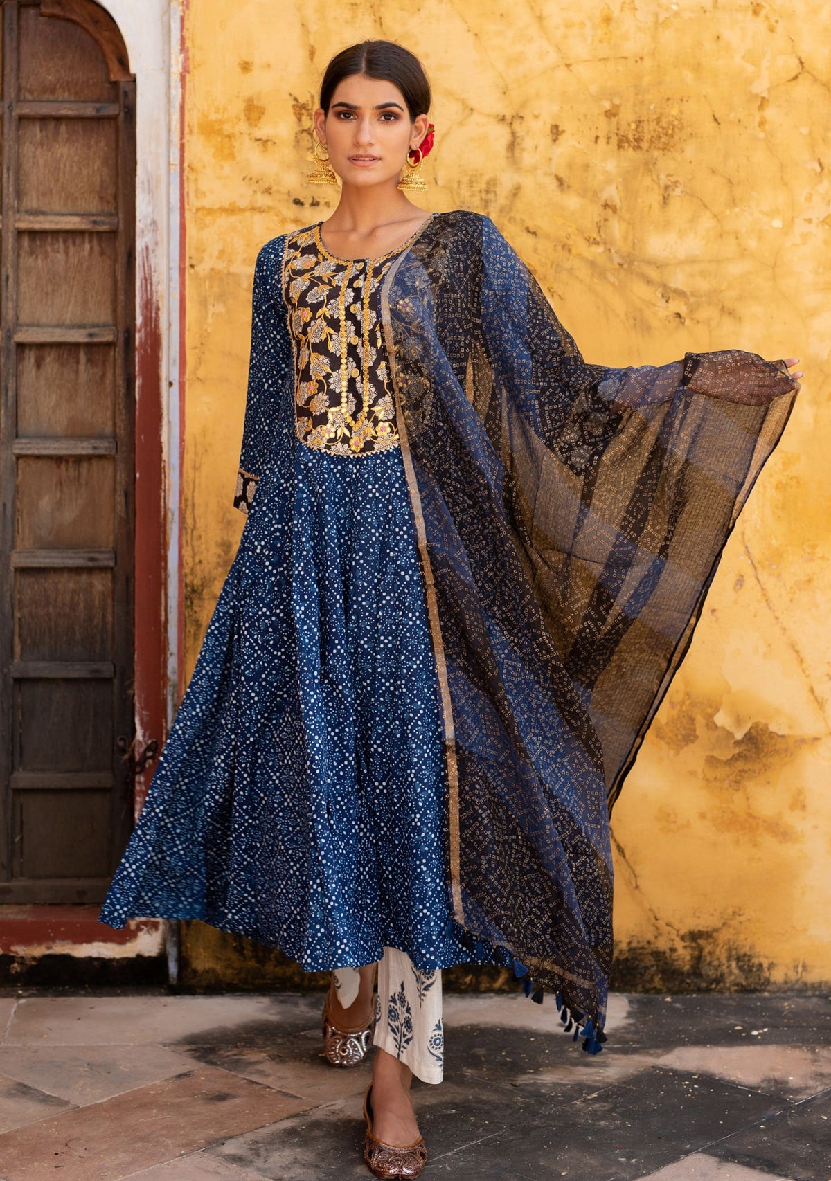 Indigo Dabu Gota Patti Anarkali Suit (Set of 3)