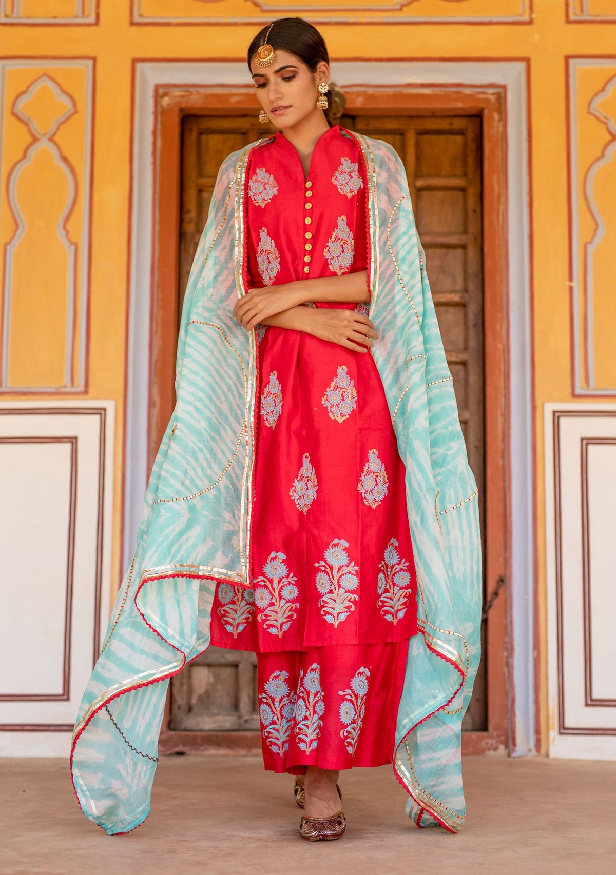 Red Block Printed Chanderi Suit with Gota Dupatta (Set of 3)