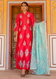 Red Block Printed Chanderi Suit with Gota Dupatta (Set of 3)