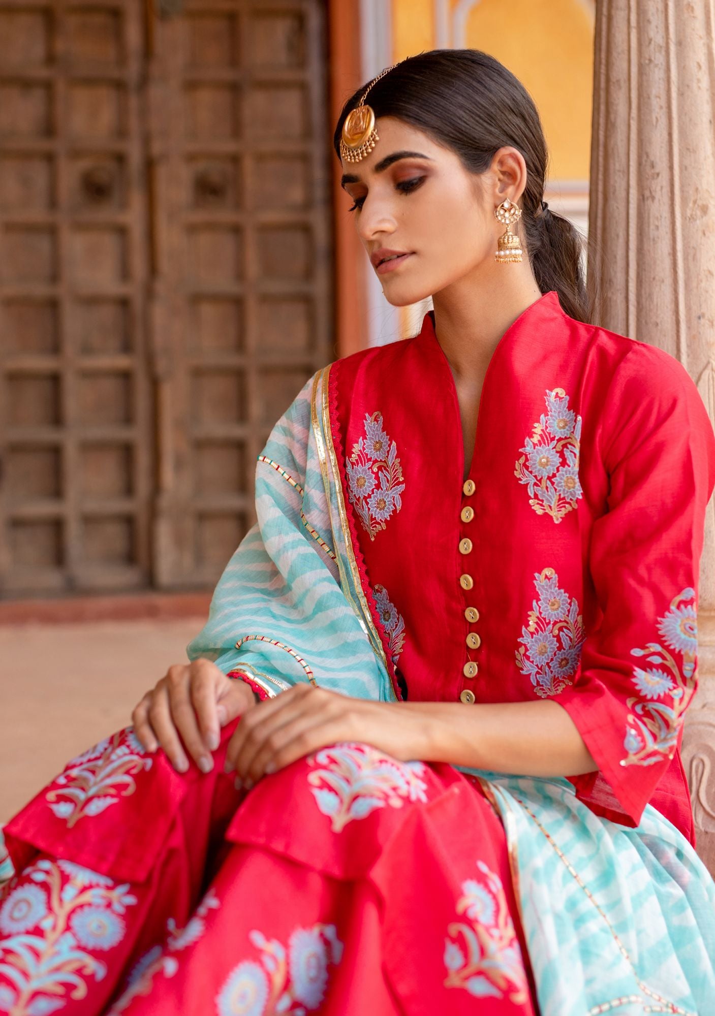 Red Block Printed Chanderi Suit with Gota Dupatta (Set of 3)