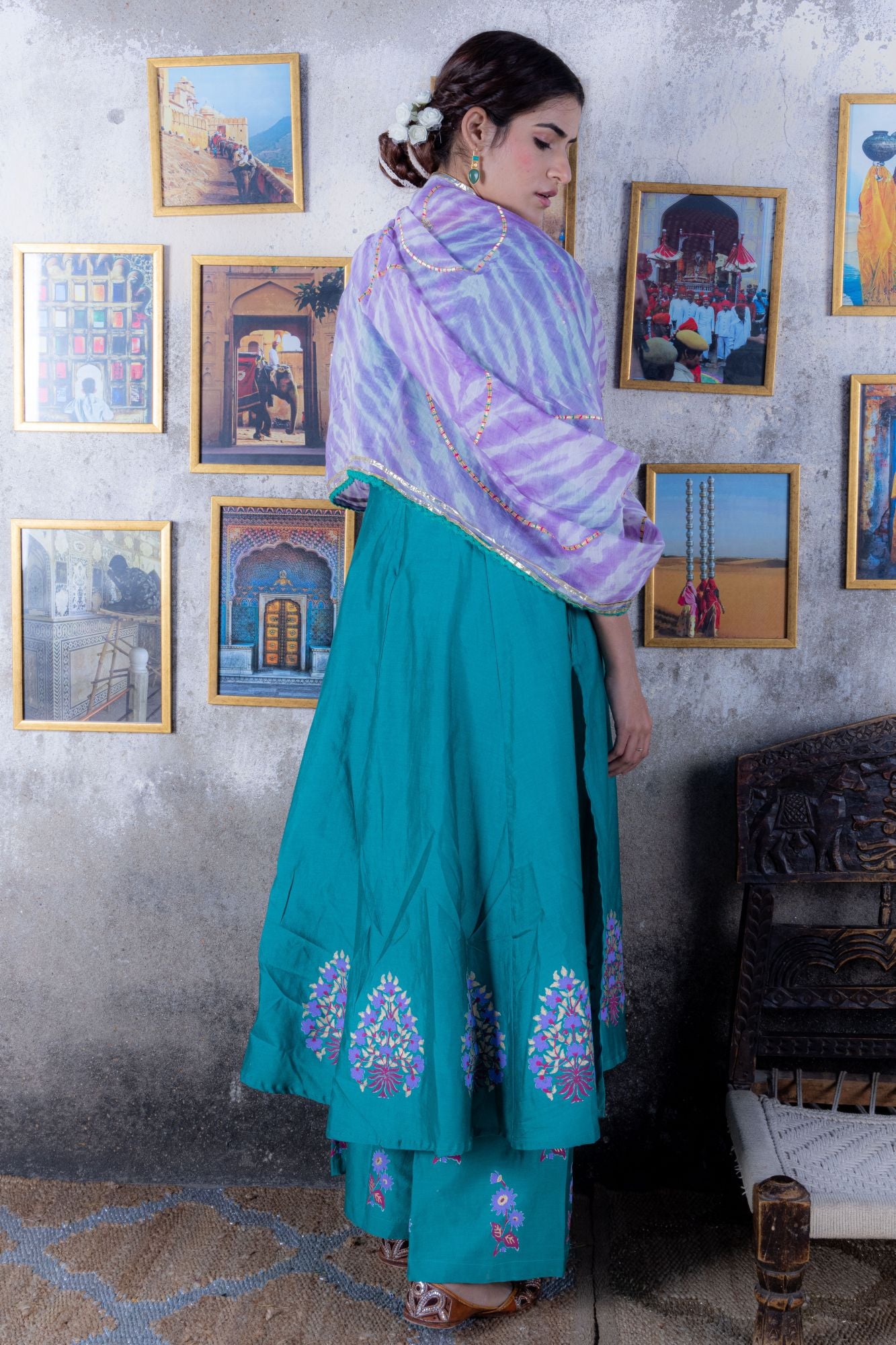 Pine Green Chanderi Anarkali Suit with Gota Dupatta (Set of 3)