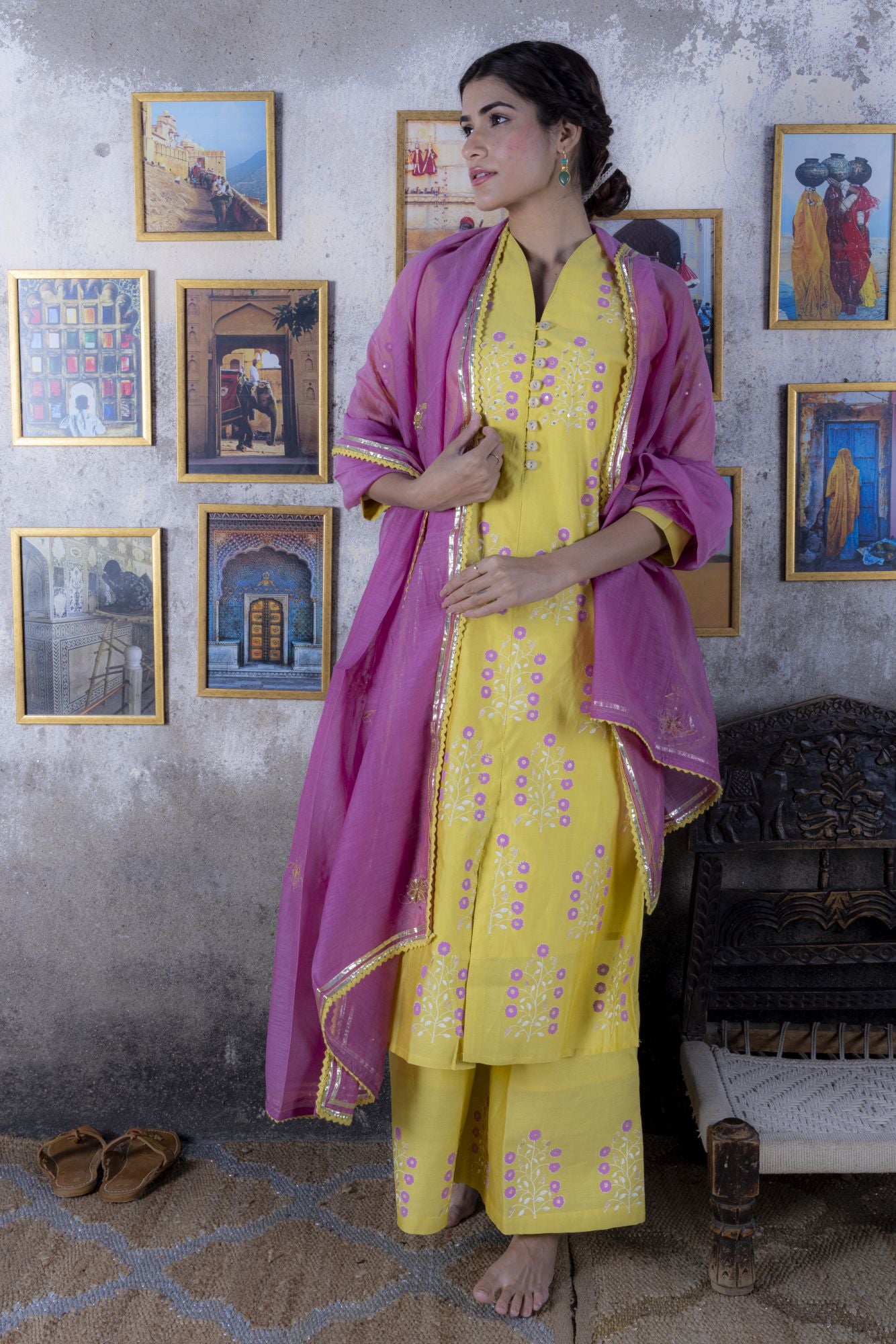 Yellow Block Printed Chanderi Suit with Gota Dupatta (Set of 3)