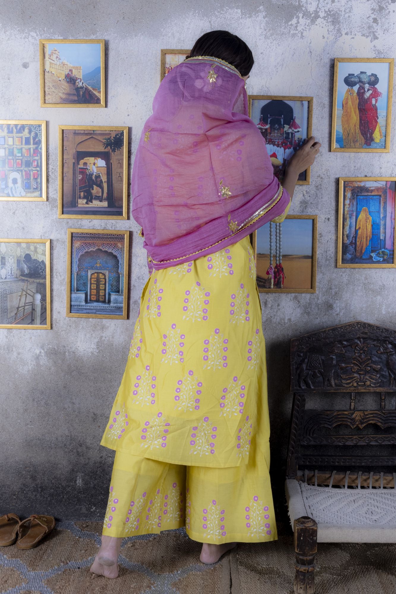 Yellow Block Printed Chanderi Suit with Gota Dupatta (Set of 3)