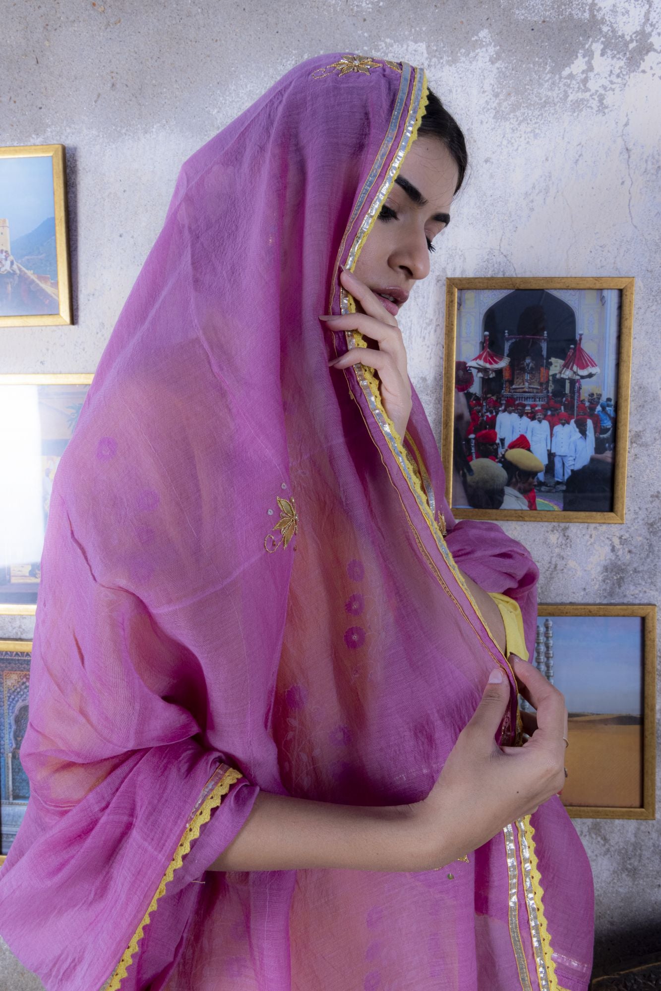 Yellow Block Printed Chanderi Suit with Gota Dupatta (Set of 3)