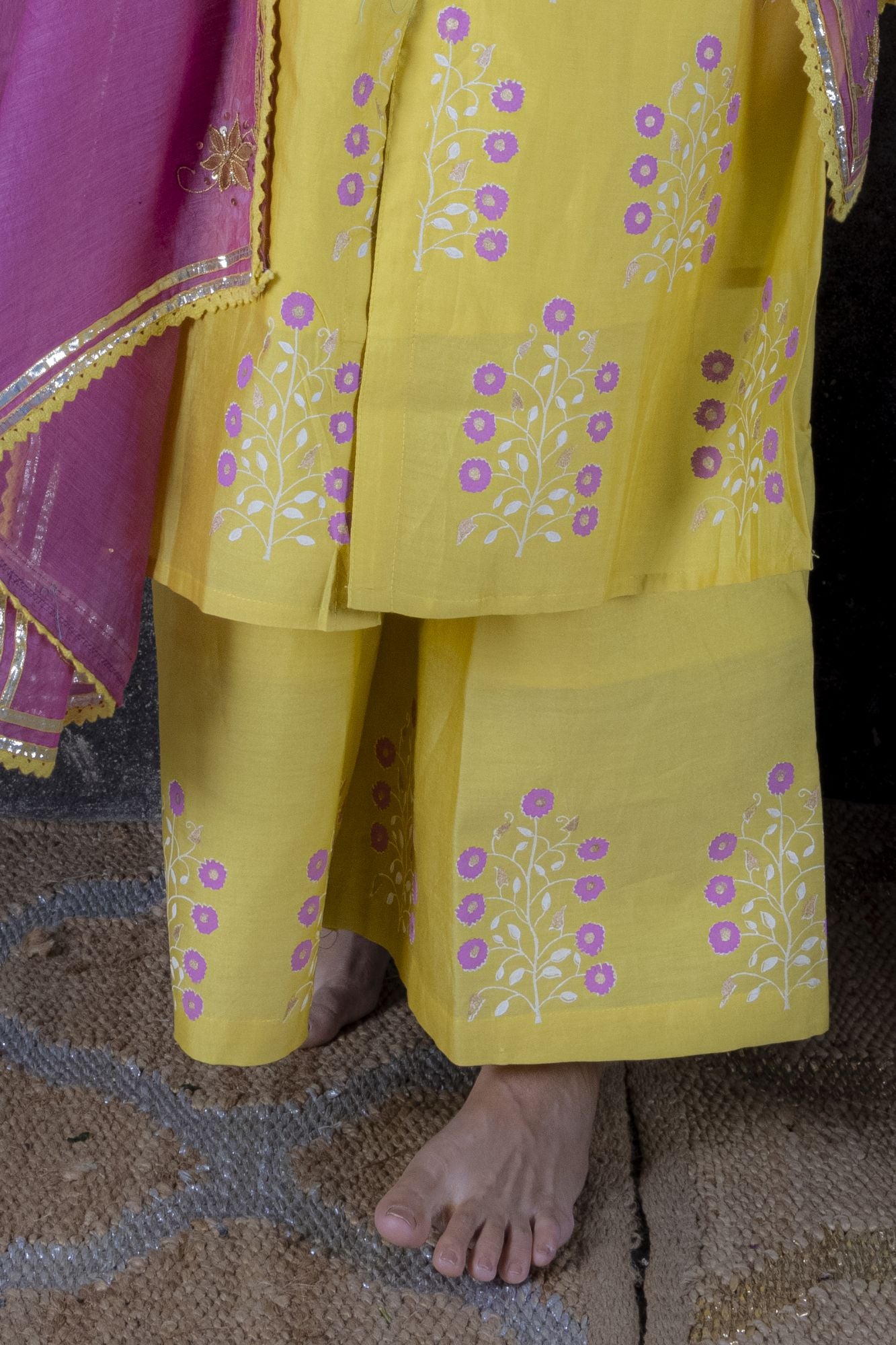 Yellow Block Printed Chanderi Suit with Gota Dupatta (Set of 3)