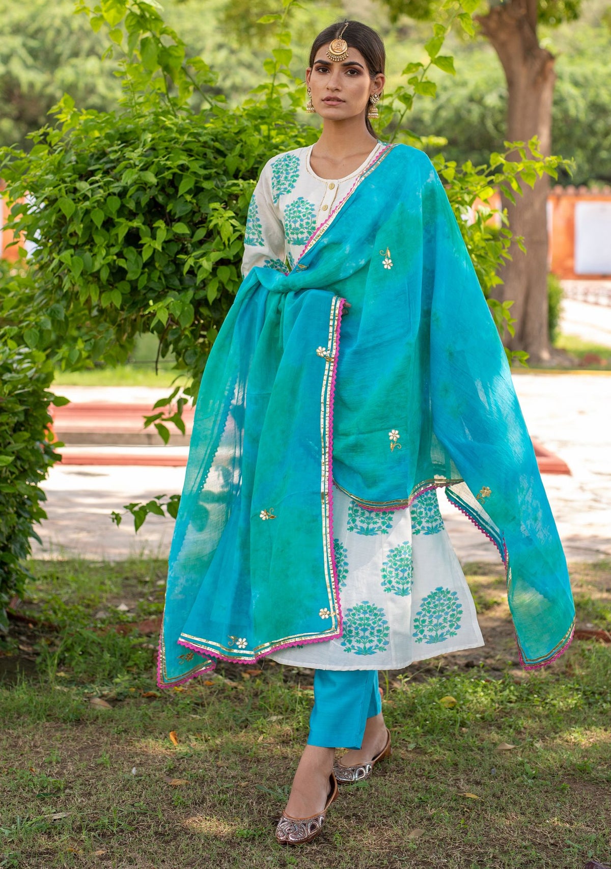 Block Printed Chanderi A-line Suit with Gota Dupatta (Set of 3)