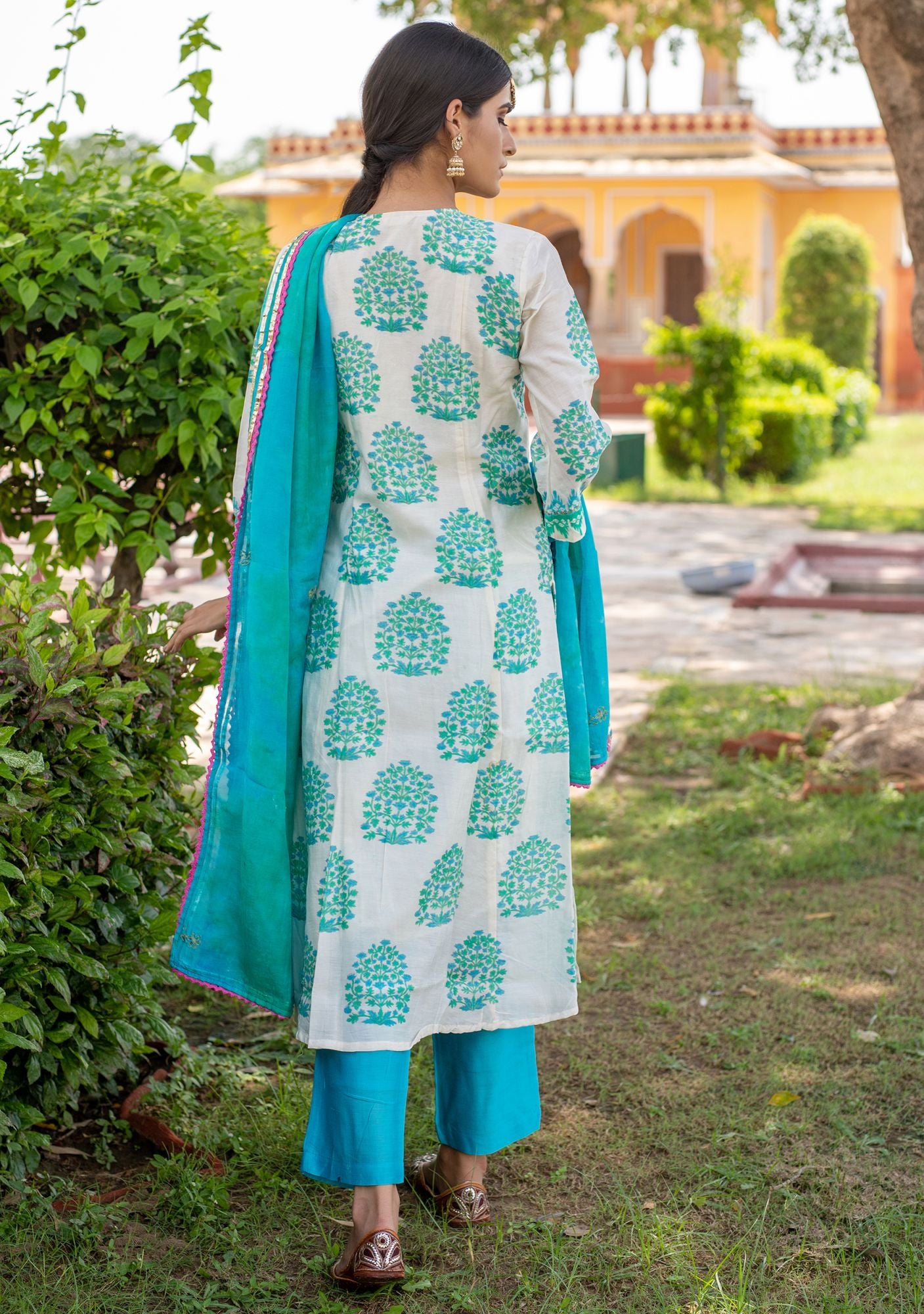 Block Printed Chanderi A-line Suit with Gota Dupatta (Set of 3)