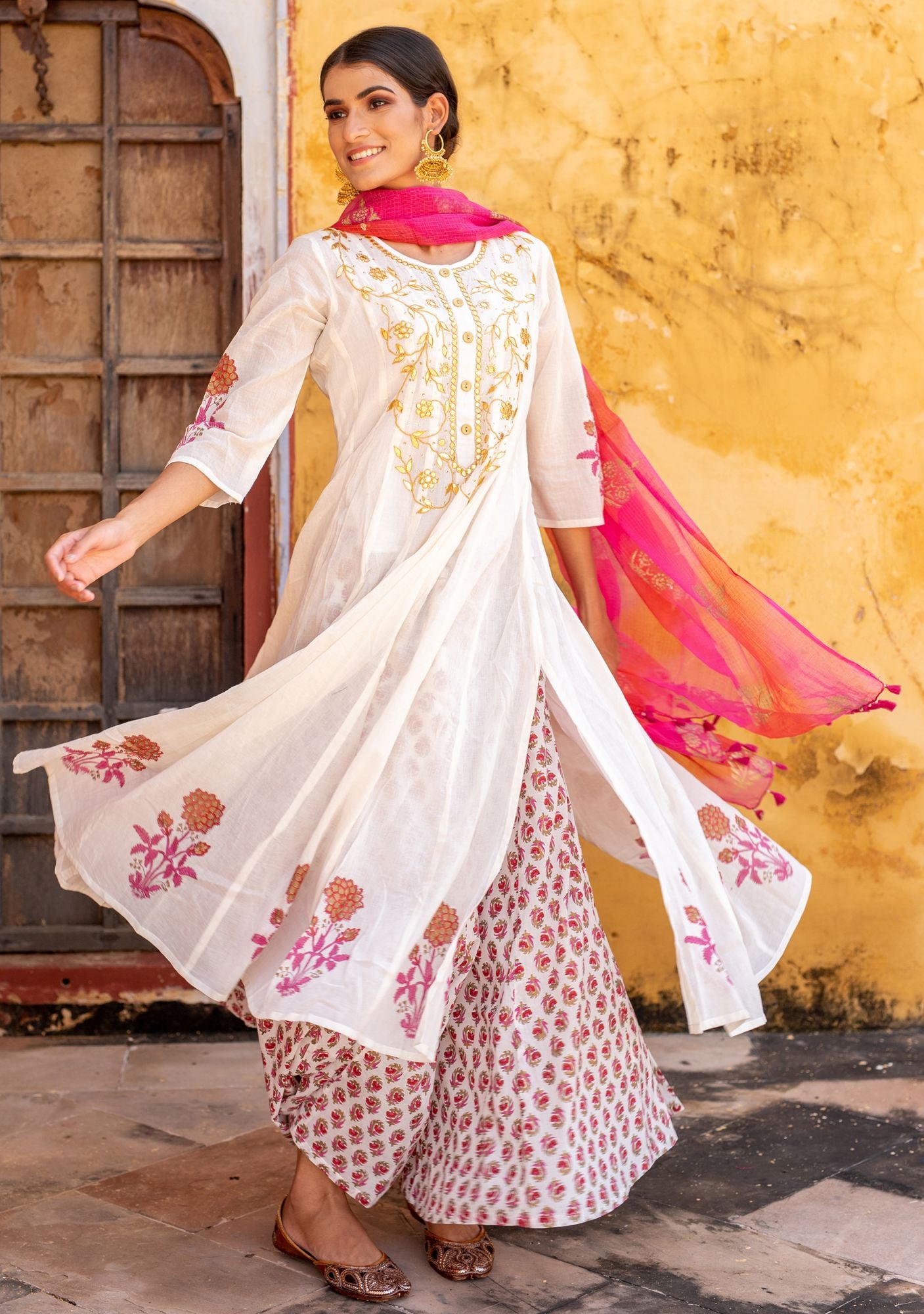 Off White Voile Gota Patti Anarkali Suit (Set of 3)