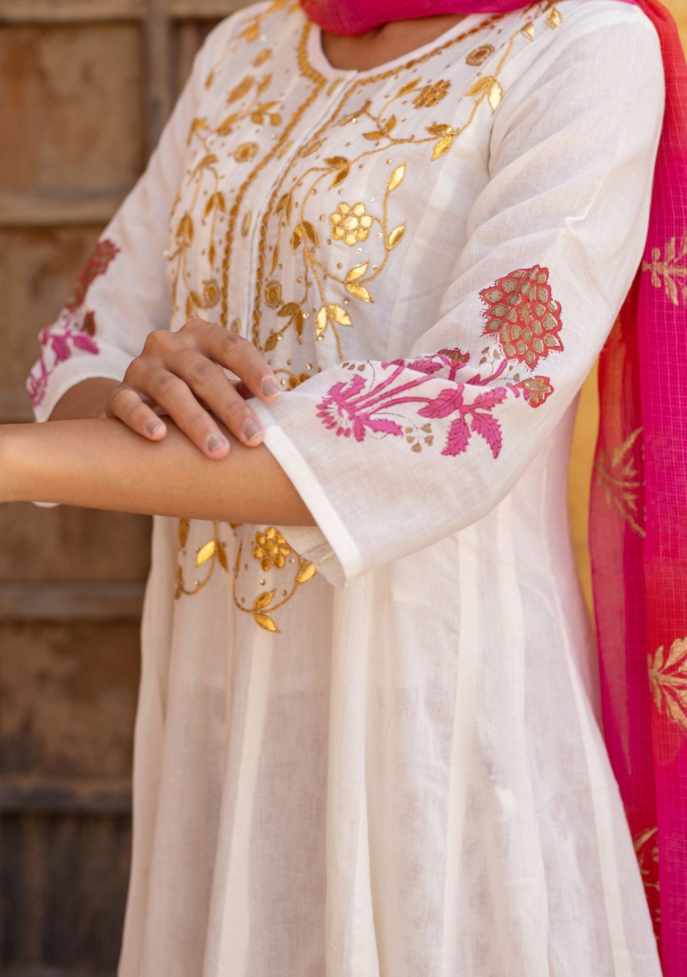 Off White Voile Gota Patti Anarkali Suit (Set of 3)