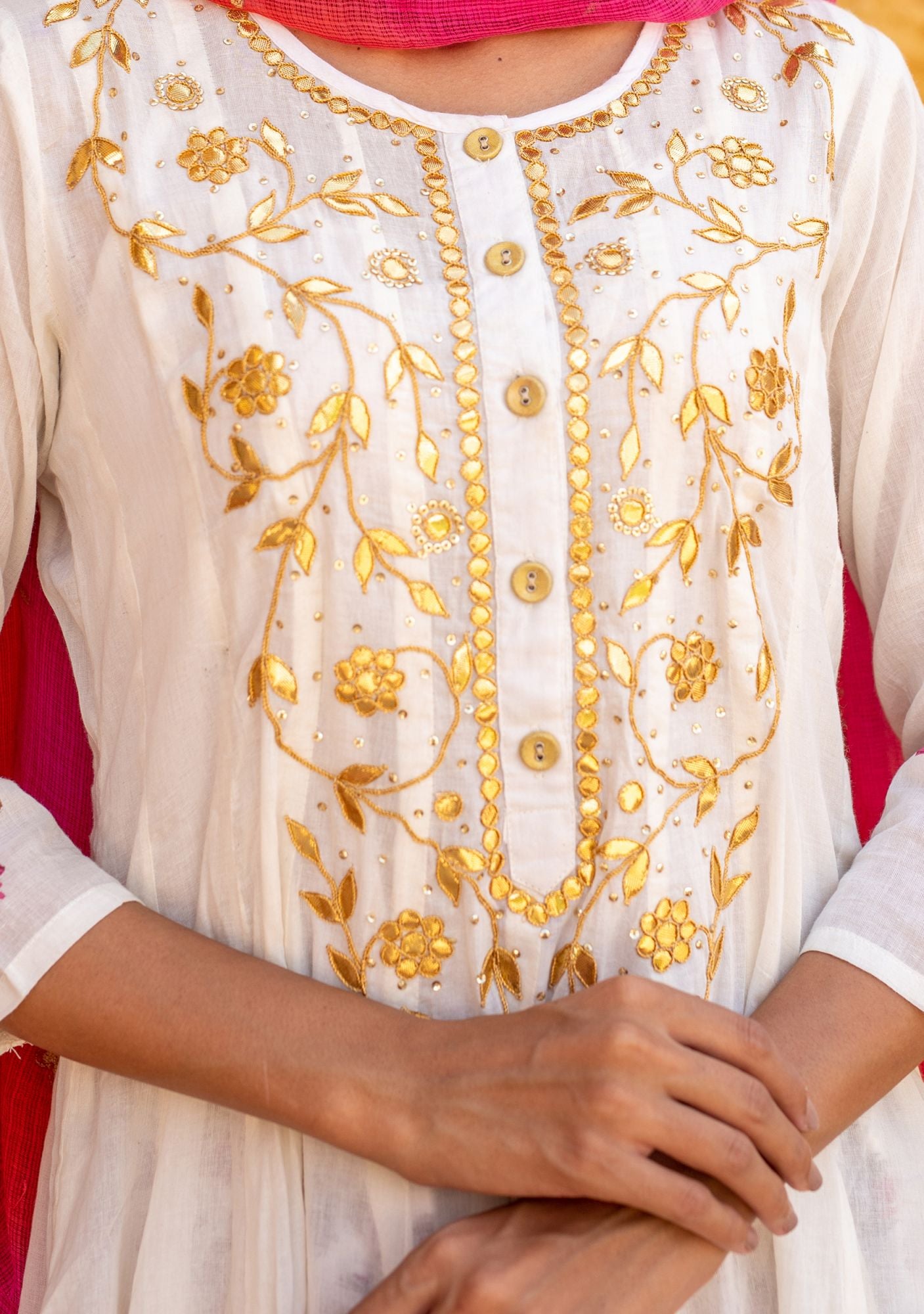 Off White Voile Gota Patti Anarkali Suit (Set of 3)