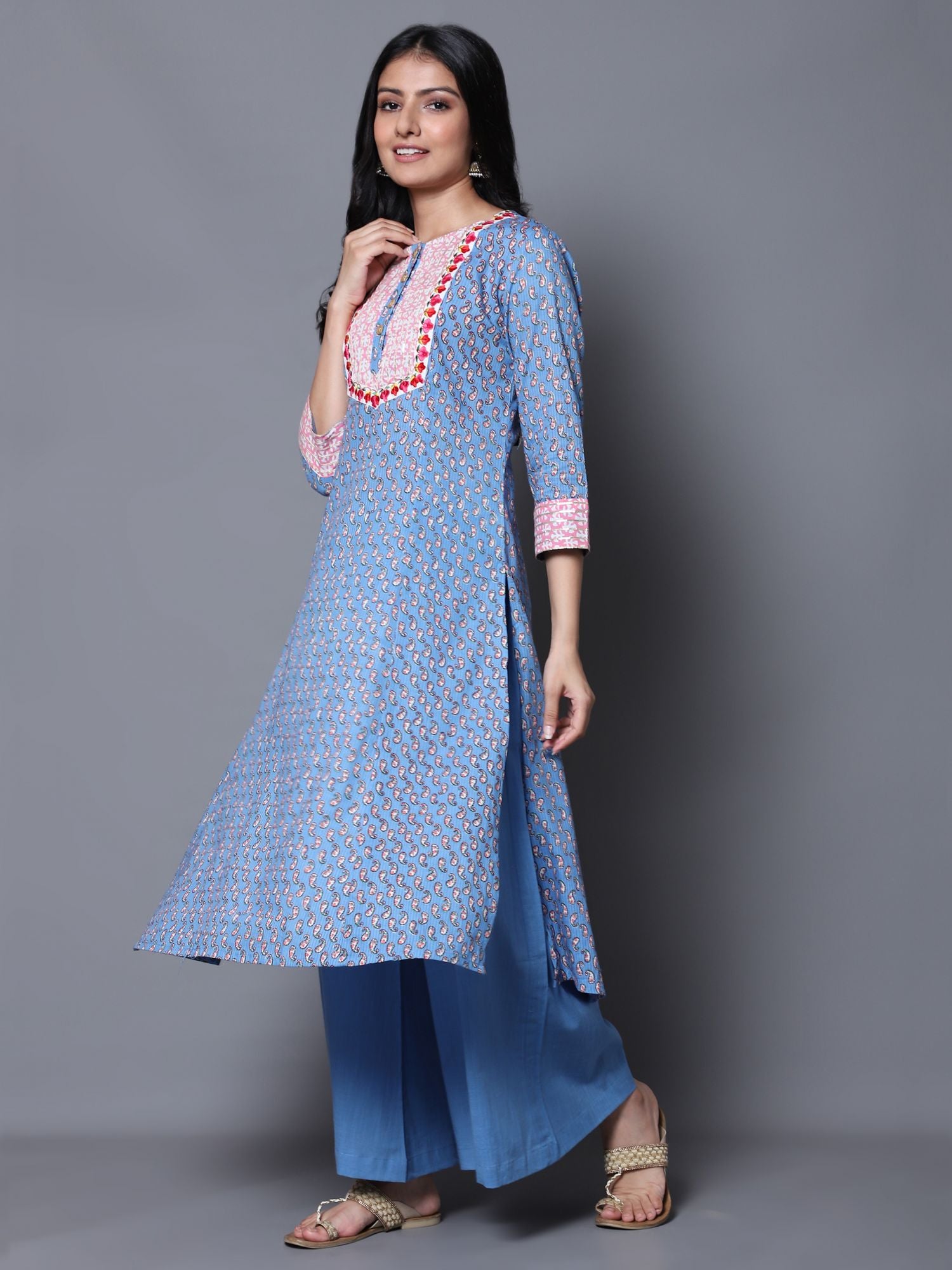 Blue Paisley Print A-Line Kurta with Palazzo (Set of 2)