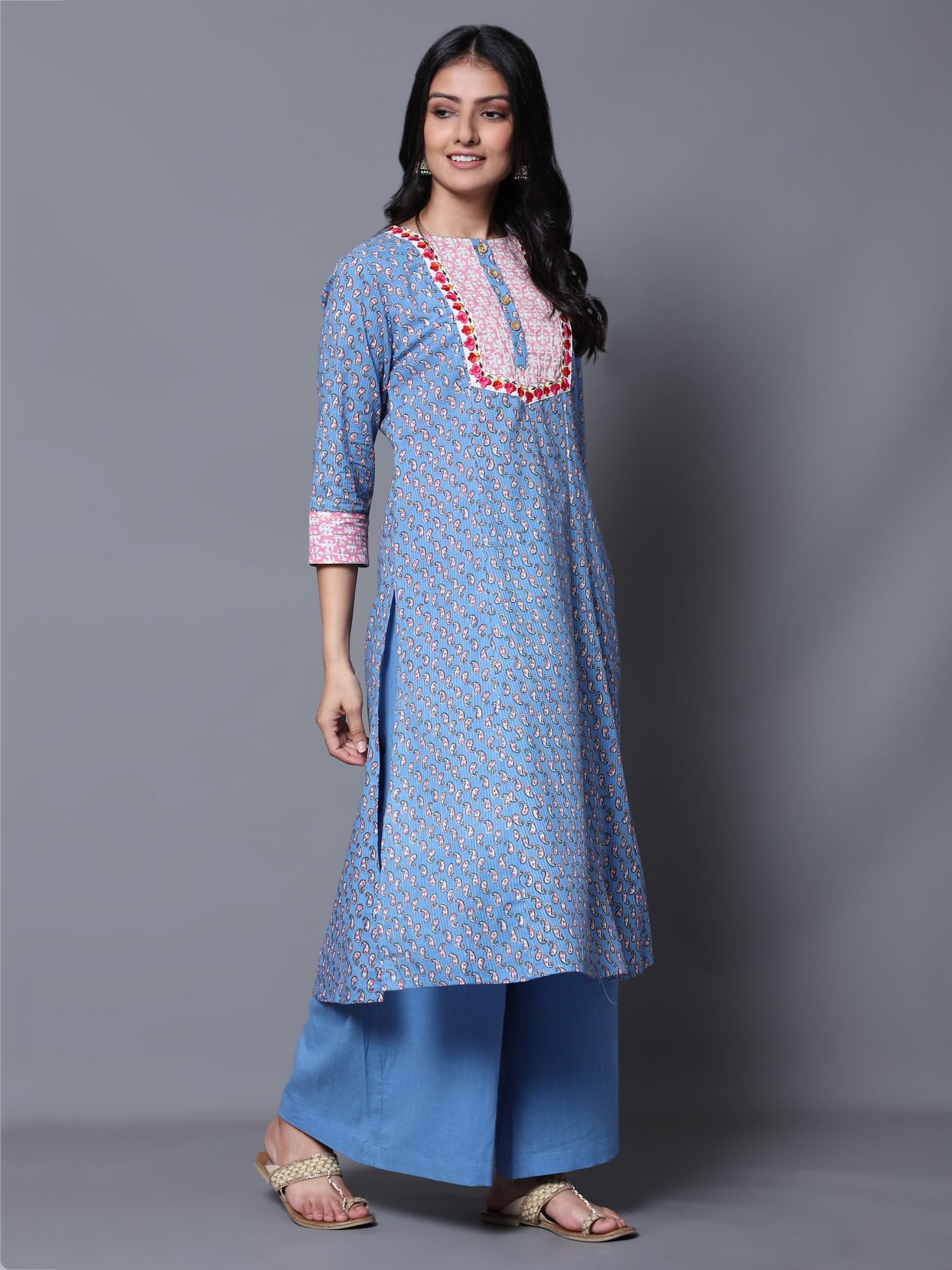 Blue Paisley Print A-Line Kurta with Palazzo (Set of 2)