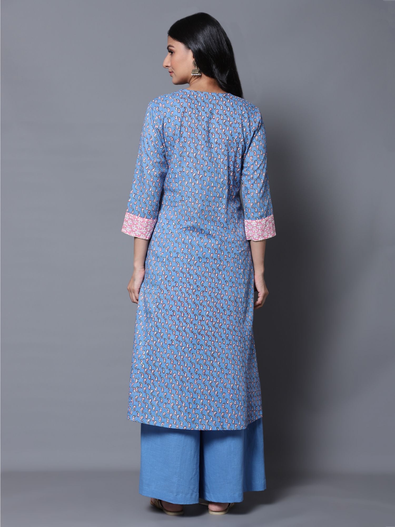 Blue Paisley Print A-Line Kurta with Palazzo (Set of 2)