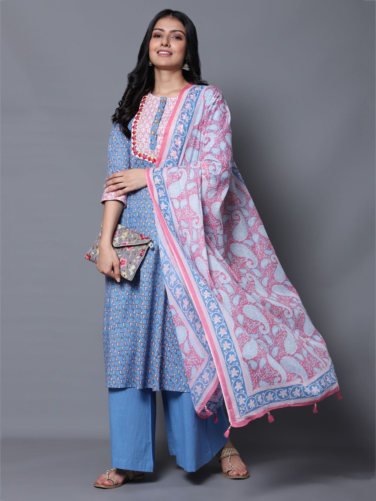 Blue Paisley Print A-Line Kurta with Palazzo and Dupatta (Set of 3)