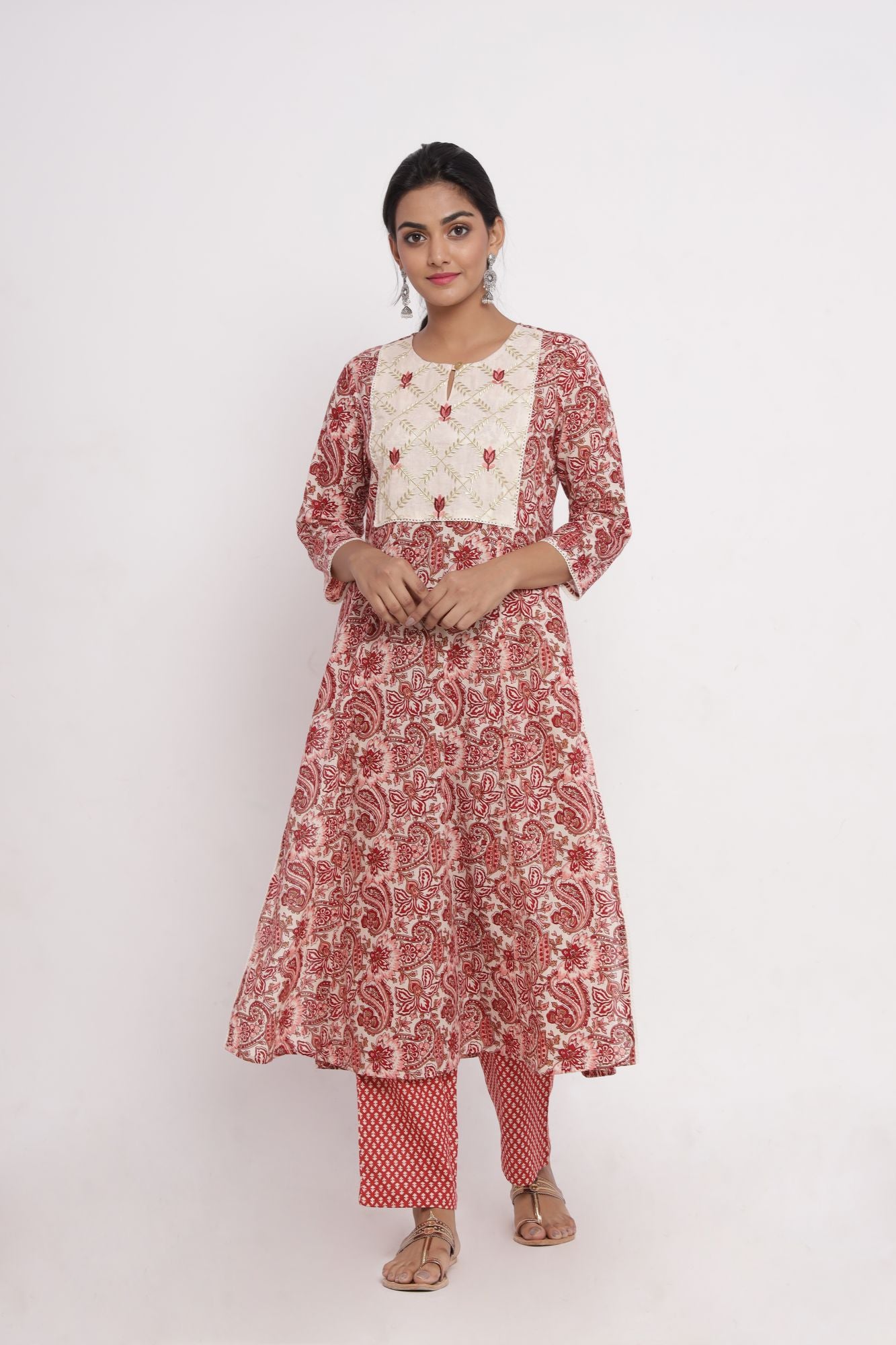 Maroon Jaal Print A-Line Kurta with Pant (Set of 2)