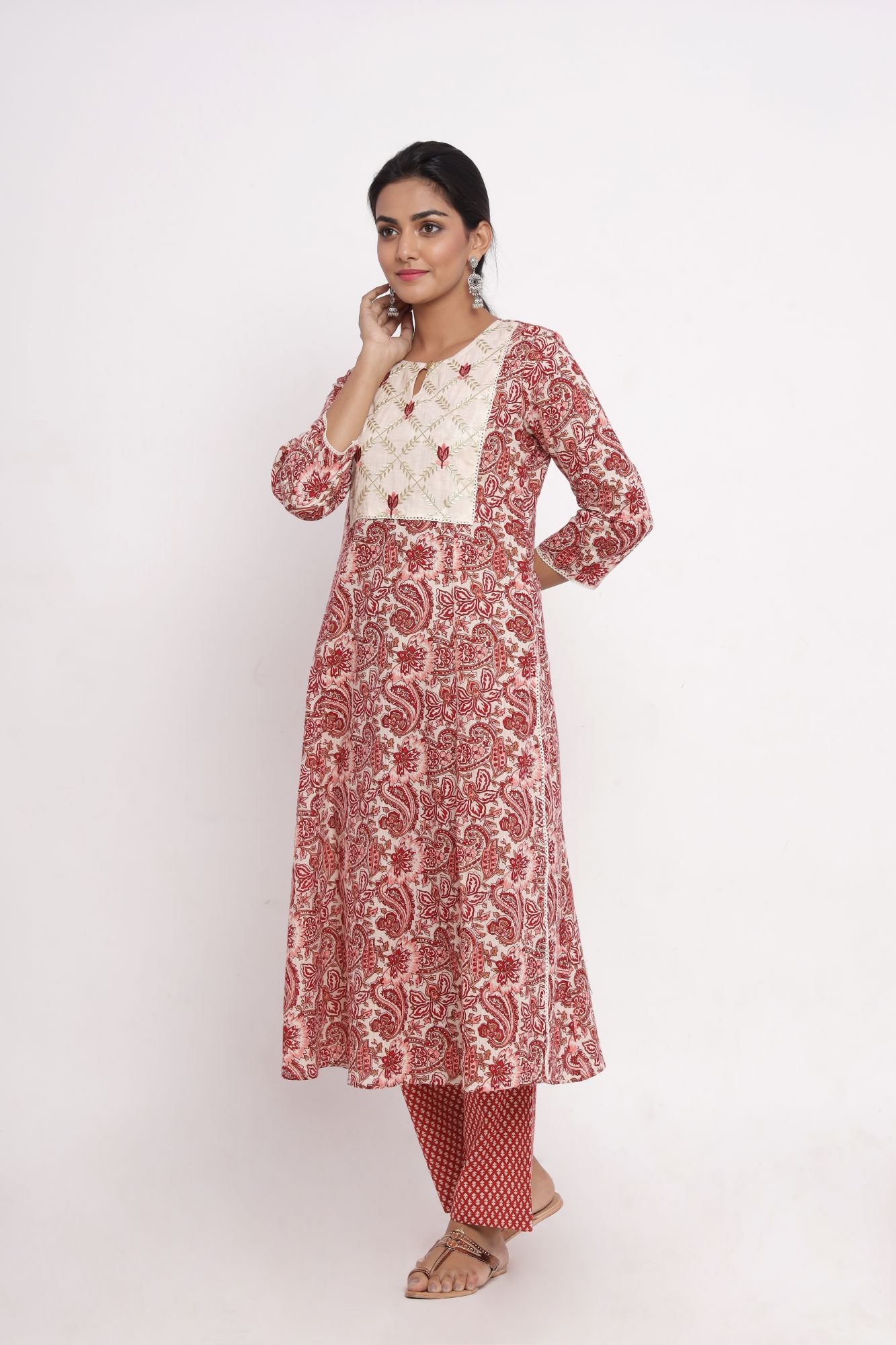 Maroon Jaal Print A-Line Kurta with Pant (Set of 2)