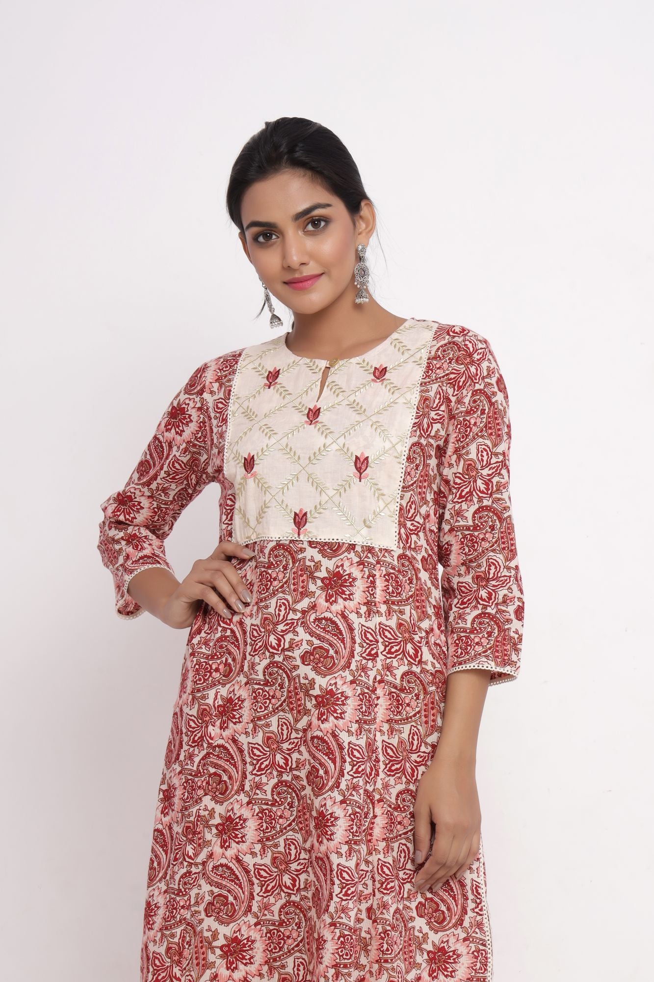 Maroon Jaal Print A-Line Kurta with Pant (Set of 2)
