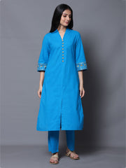 Turquoise Blue Zari Work Kurta with Pant (Set of 2)