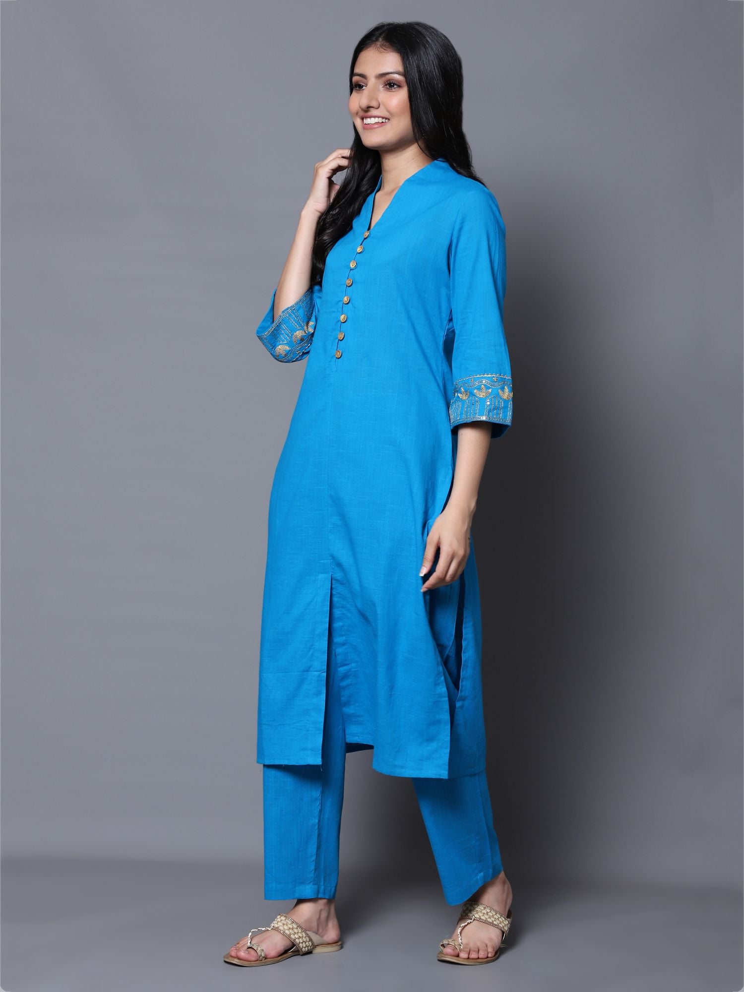 Turquoise Blue Zari Work Kurta with Pant (Set of 2)