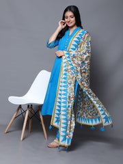 Turquoise Blue Zari Work Kurta with Pant and Dupatta (Set of 3)