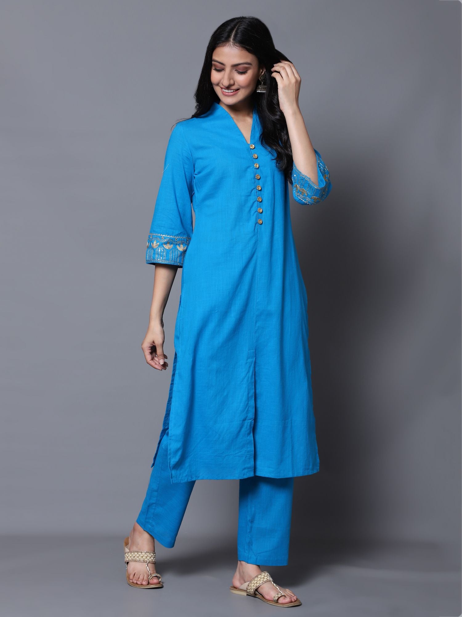 Turquoise Blue Zari Work Kurta with Pant and Dupatta (Set of 3)