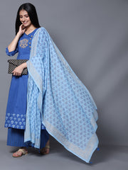 Block Printed Blue Anarkali Kurta with Palazzo and Dupatta (Set of 3)