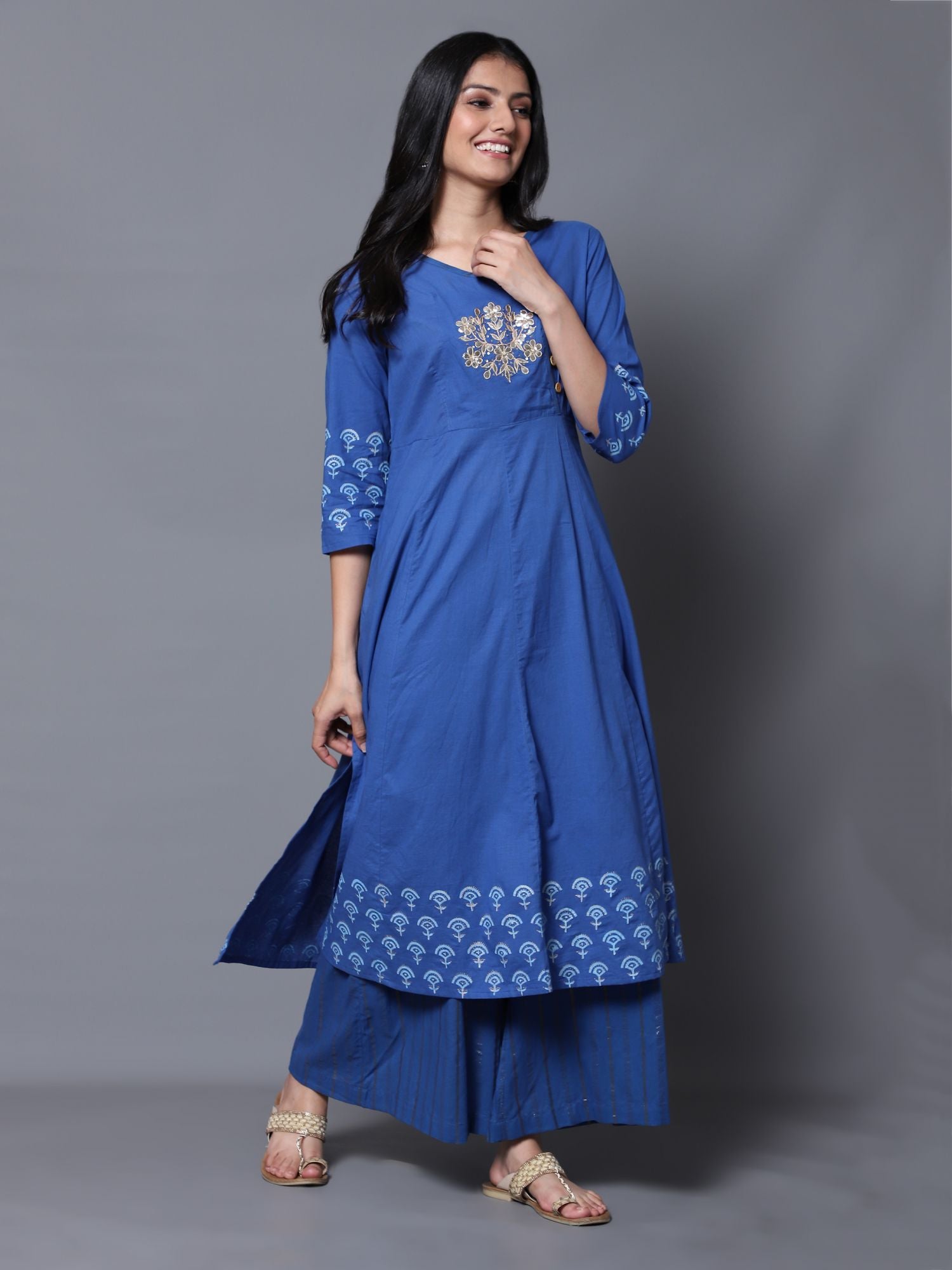Block Printed Blue Anarkali Kurta with Palazzo and Dupatta (Set of 3)