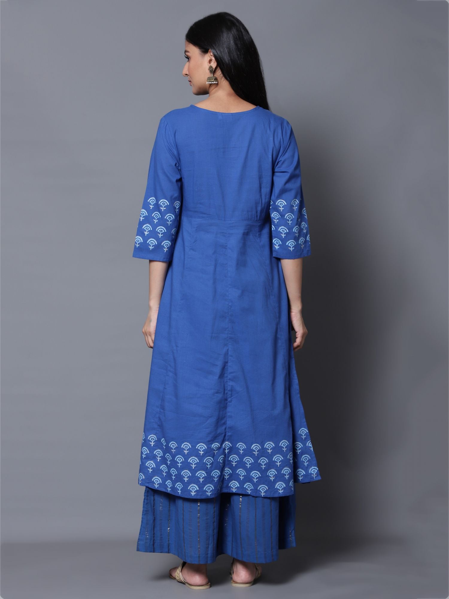 Block Printed Blue Anarkali Kurta with Palazzo and Dupatta (Set of 3)