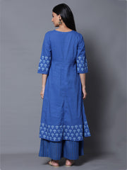 Block Printed Blue Anarkali Kurta with Palazzo and Dupatta (Set of 3)
