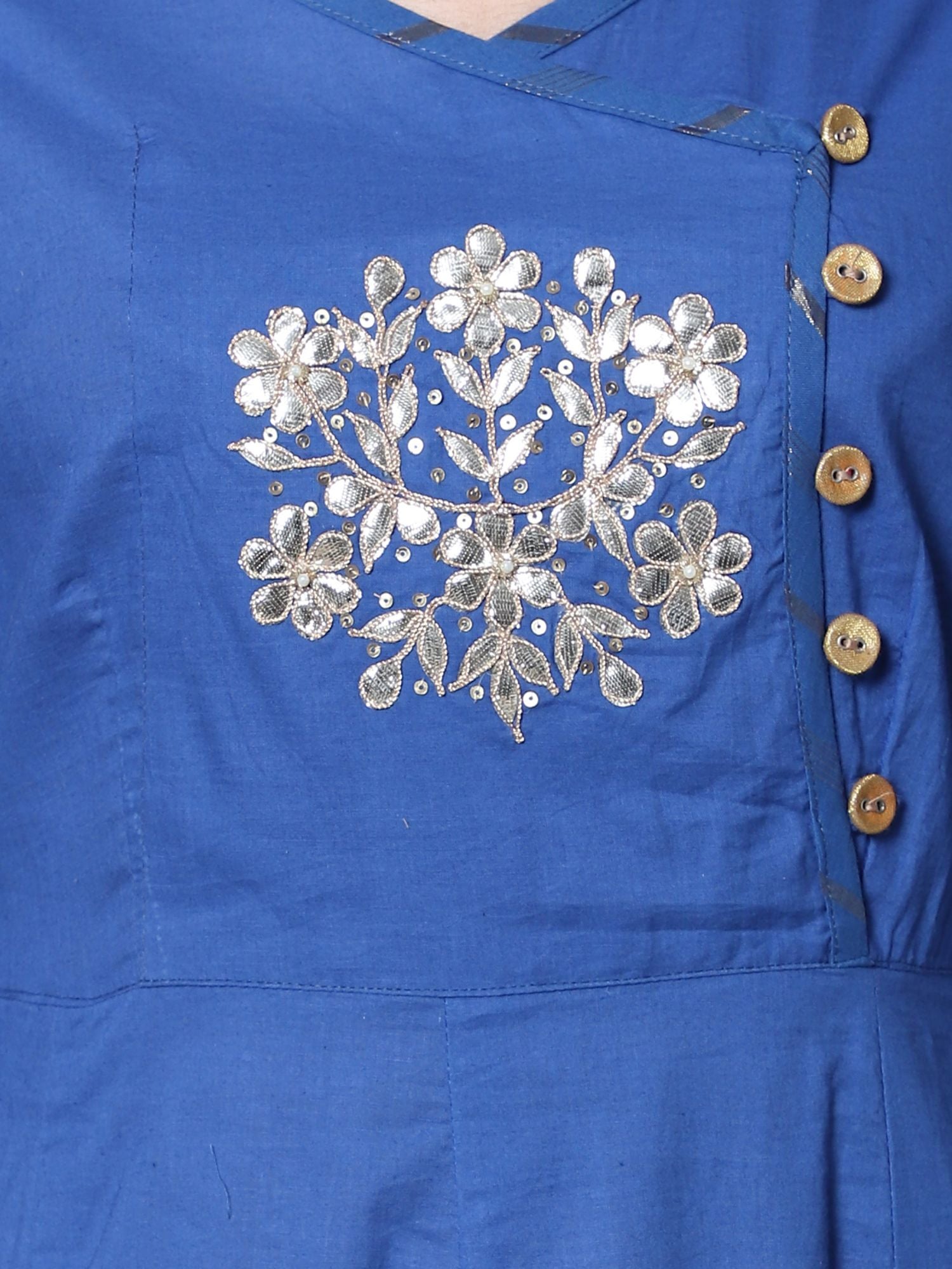Block Printed Blue Anarkali Kurta with Palazzo and Dupatta (Set of 3)