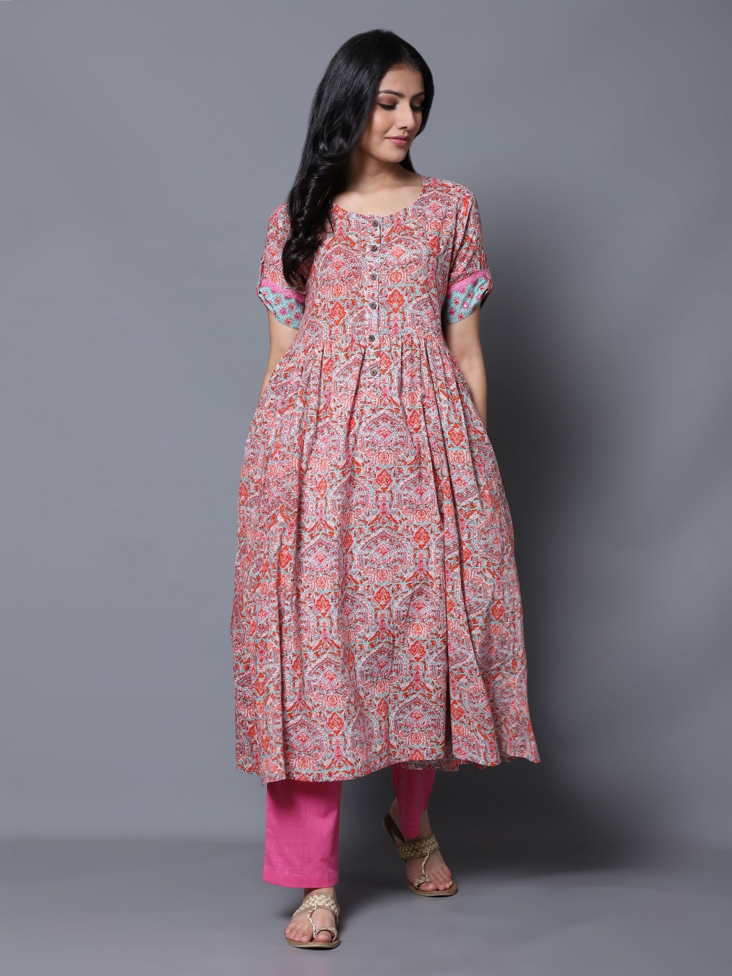 Pink Mughal Jaal Anarkali Kurta with Pant (Set of 2)