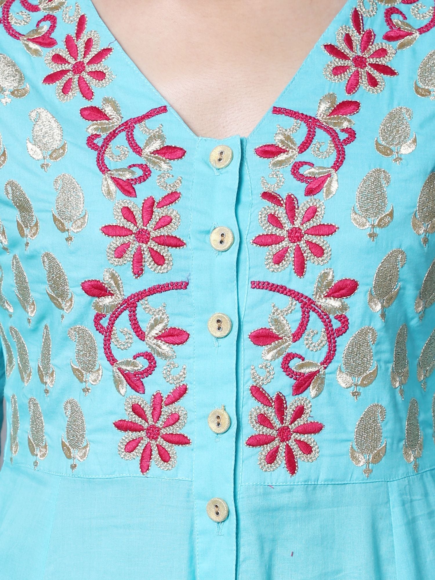 Turquoise Embroidered Anarkali Kurta with Pant (Set of 2)