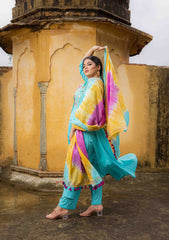 Aqua Blue Embroidered Anarkali Suit Set (Set of 3)
