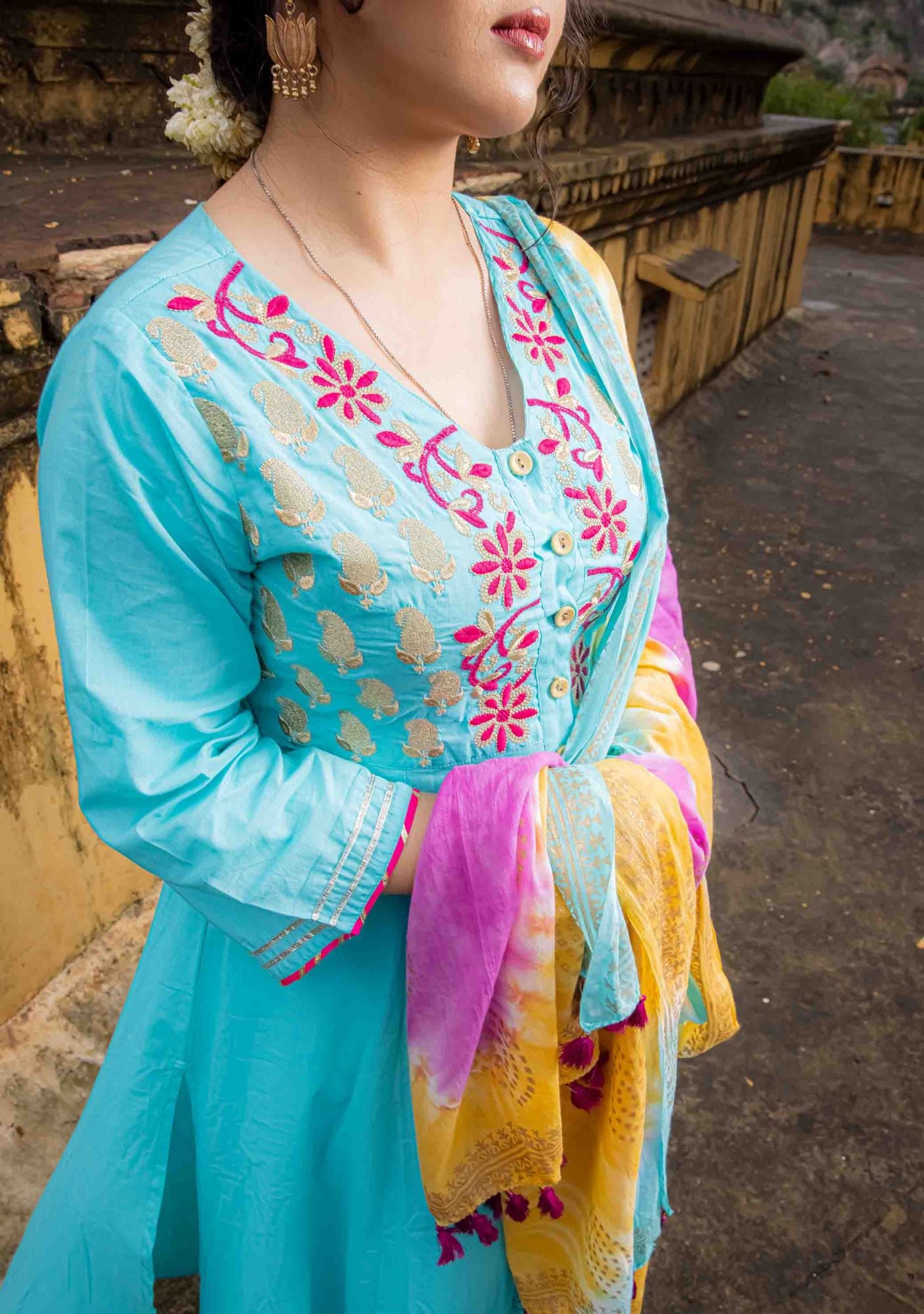 Aqua Blue Embroidered Anarkali Suit Set (Set of 3)