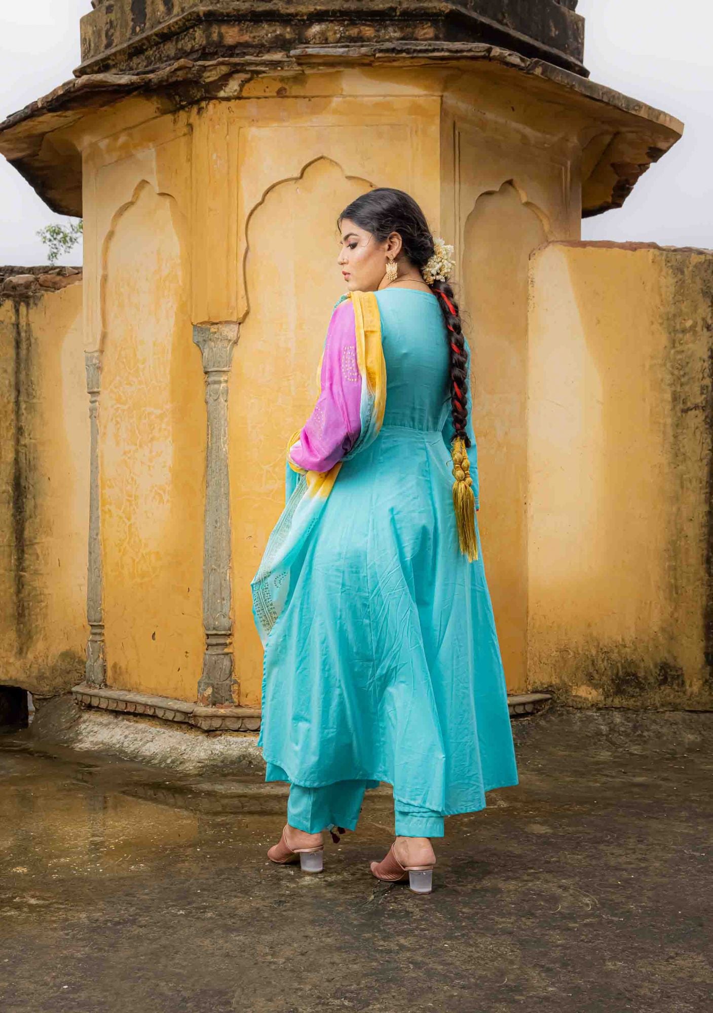 Aqua Blue Embroidered Anarkali Suit Set (Set of 3)