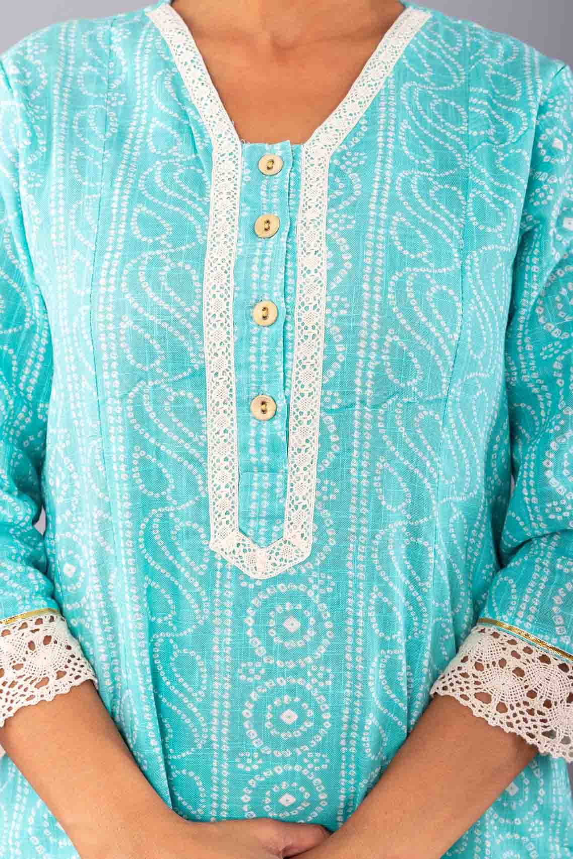 Turquoise Bandhej A-line Kurta with Pant. (Set of 2)
