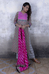 Tulip Print Straight Kurta with Pant & Laharia Dupatta (Set of 3)