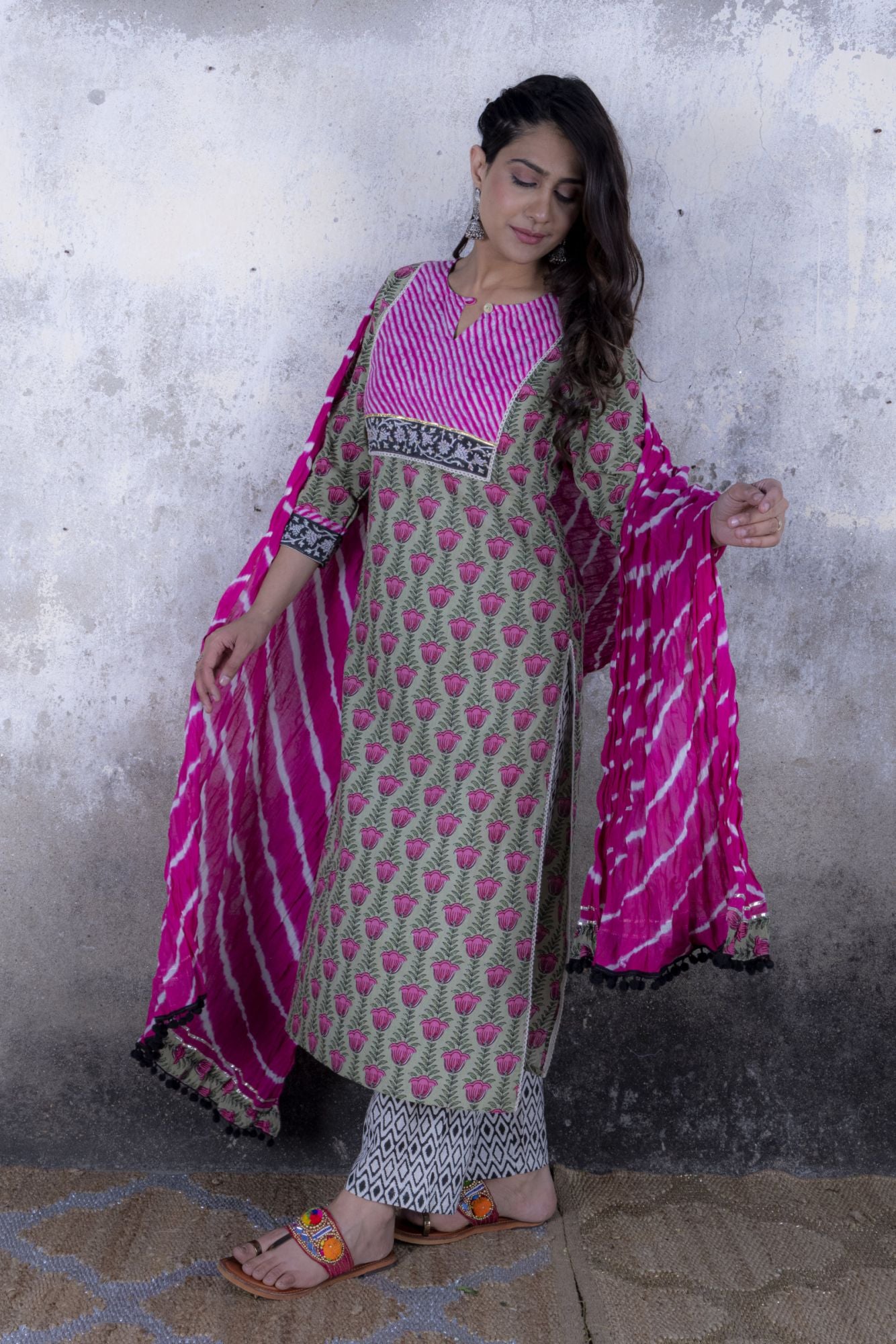 Tulip Print Straight Kurta with Pant & Laharia Dupatta (Set of 3)