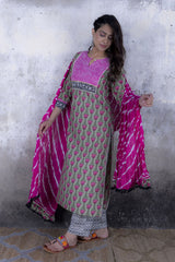 Tulip Print Straight Kurta with Pant & Laharia Dupatta (Set of 3)