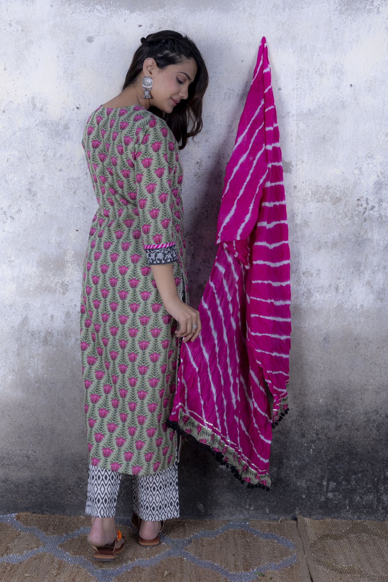 Tulip Print Straight Kurta with Pant & Laharia Dupatta (Set of 3)