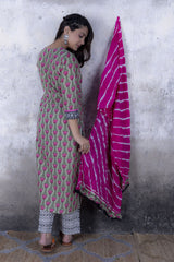Tulip Print Straight Kurta with Pant & Laharia Dupatta (Set of 3)