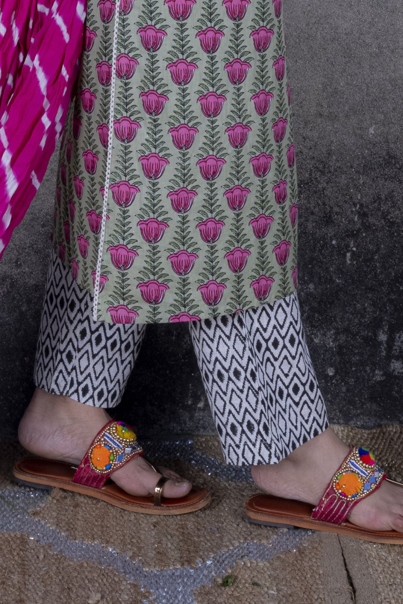 Tulip Print Straight Kurta with Pant & Laharia Dupatta (Set of 3)