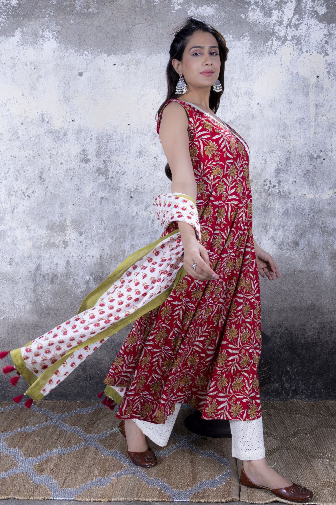 Red Jaal Print Anarkali Kurta with Pant & Dupatta (Set of 3)